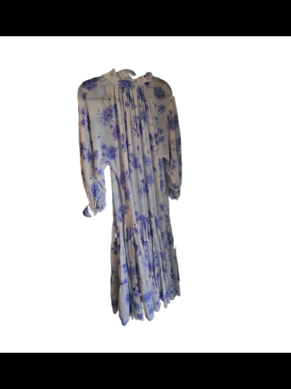 Free People Cream Blouse with Blue Floral Ruffle V-Neck